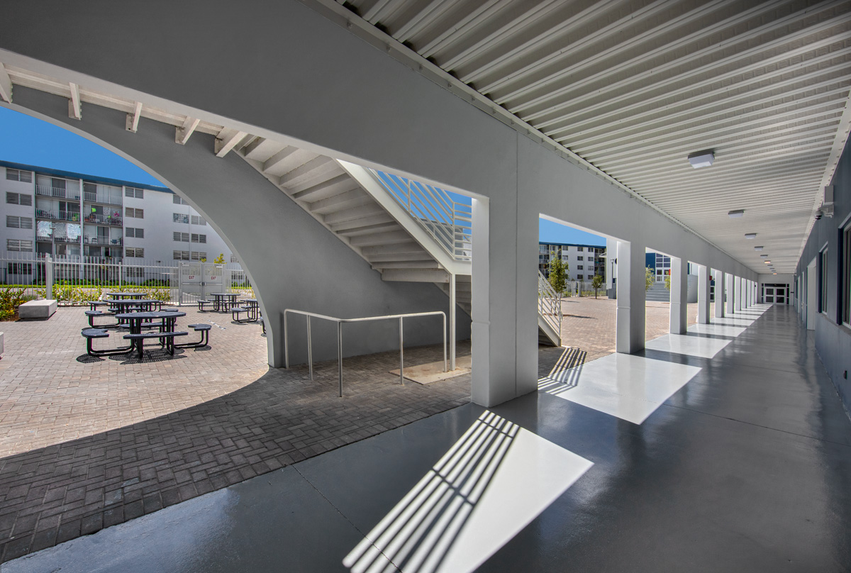 Architectural view of the courtyard at Pinecrest prep charter k-12 school in Miami.